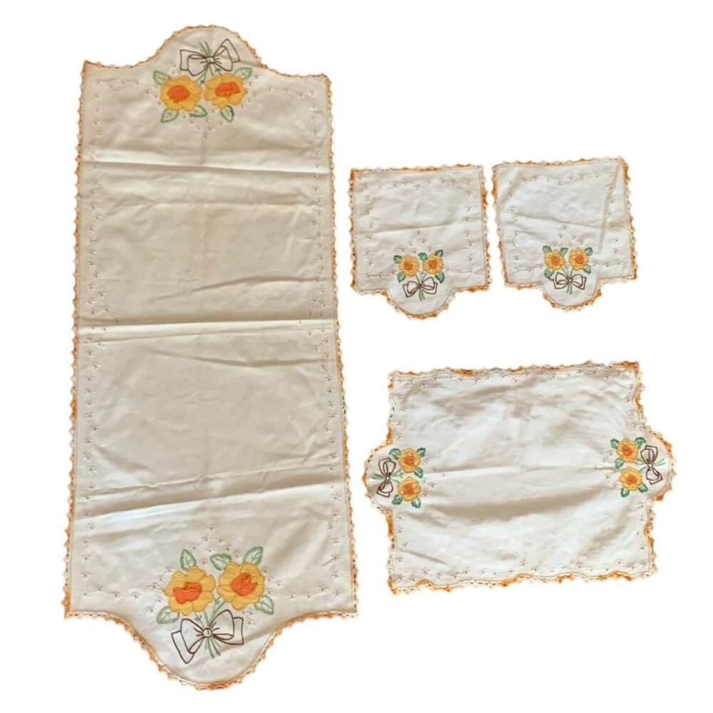 Vintage Floral Hand-Embroidered Doilies & Table Runner Set